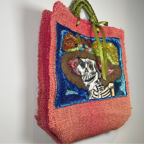 Handmade Mexican Colorful Skeleton Straw Tote Bag with Ribbon Day of the Dead - Picture 3 of 7